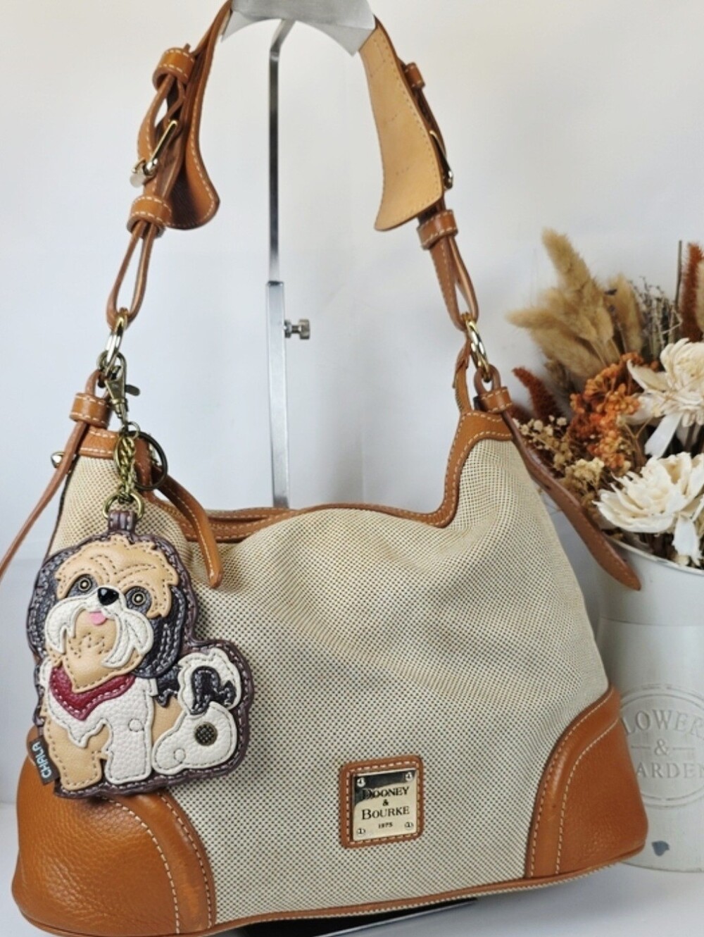 Dooney & Bourke Cream Canvas Shoulder Bag with Tan Leather Trim Shoulder Bag